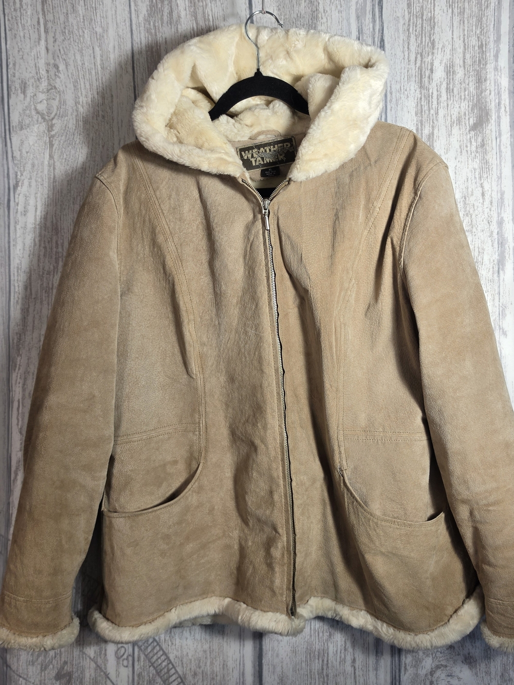 Vtg Weather Tamer Coat Womens XL Genuine Suede Faux Shearling Penny Lane